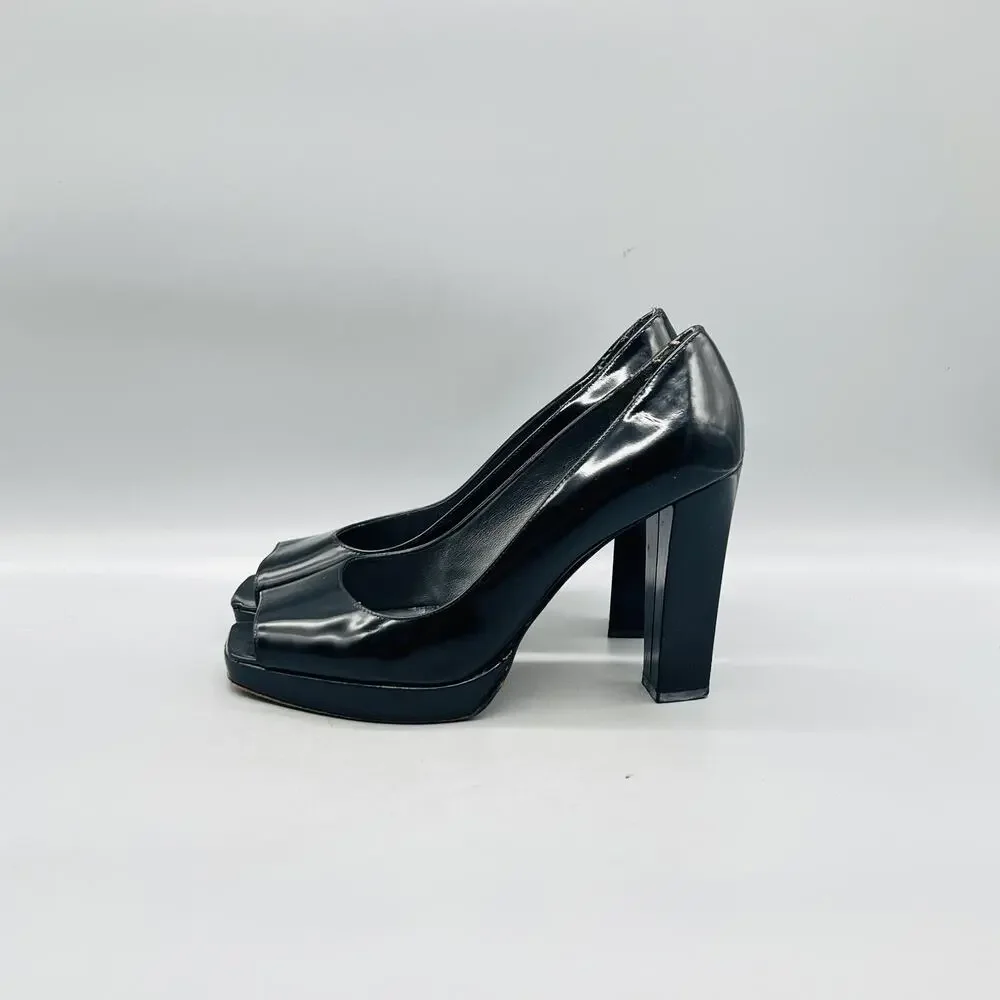 Stuart Weitzman Shoes Womens 8 Black Patent Platform Peep Toe Block Heel Pumps